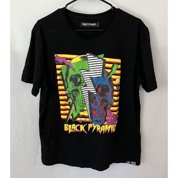 Black Pyramid Mens Graphic T-shirt Size Large Black And Neon Skull Graphic Logo - Picture 1 of 7